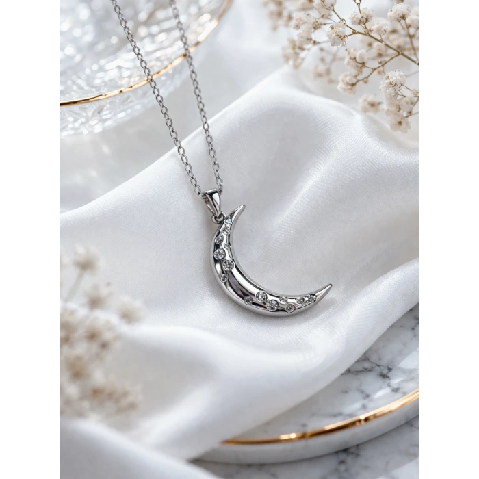 Gümüş Renkli Çelik Ay Figürlü Kolye
