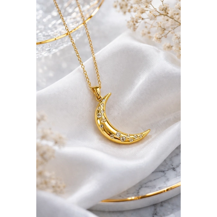 Gold Renkli Çelik Ay Figürlü Kolye