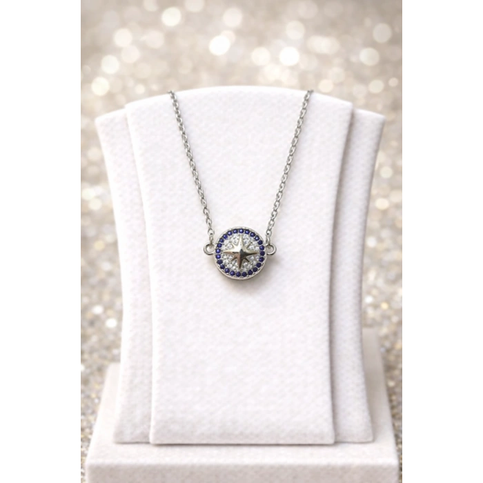 Gümüş Renkli Çelik Pusula Yıldız Kolye