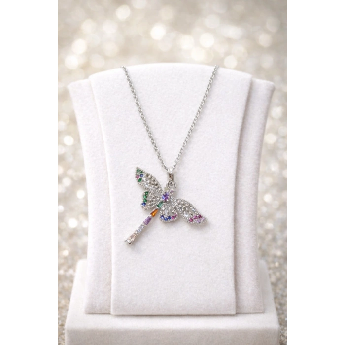 Gümüş Renkli Çelik Renkli Taş Detaylı Yusufçuk (Dragonfly) Kolye