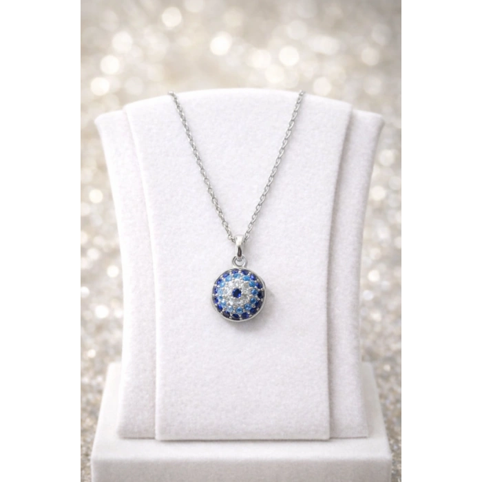 Gümüş Renkli Nazar Boncuk Detaylı Taşlı Çelik Kolye