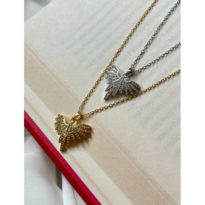 Gold Renkli Melek Kanadı Taşlı Çelik Kolye