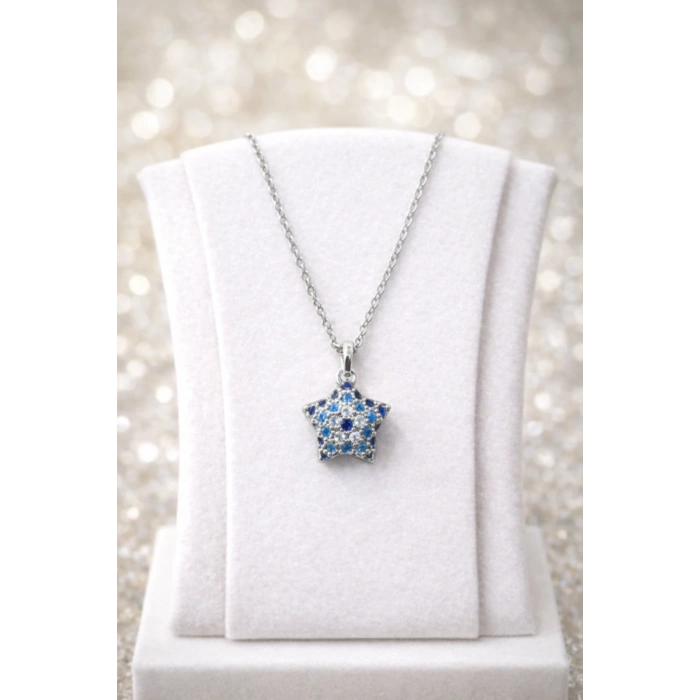 Gümüş Renkli Çelik Mavi Taş Detaylı Yıldız Kolye