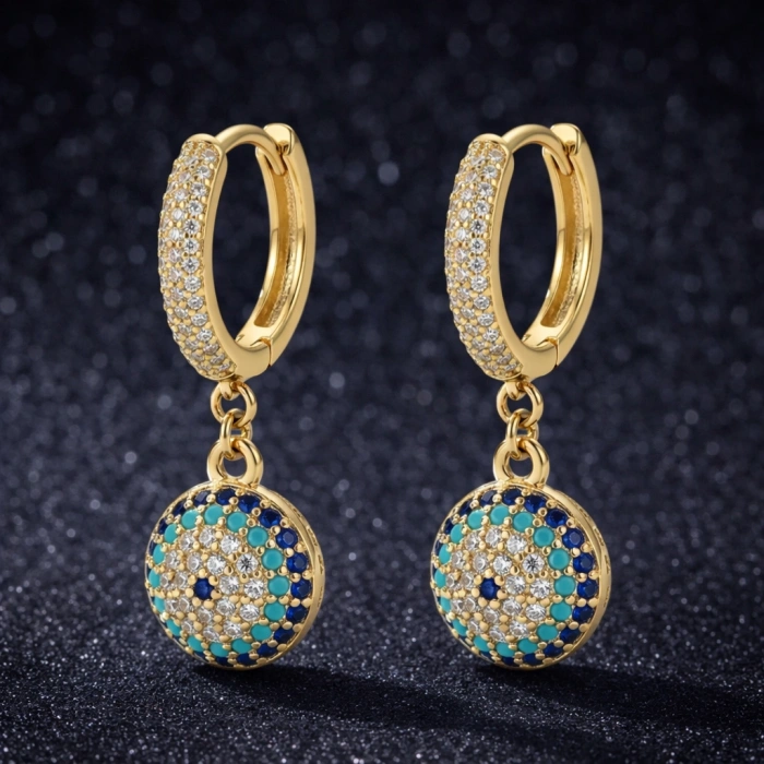 Gold Nazar Boncuk Detaylı Taşlı Halka Küpe