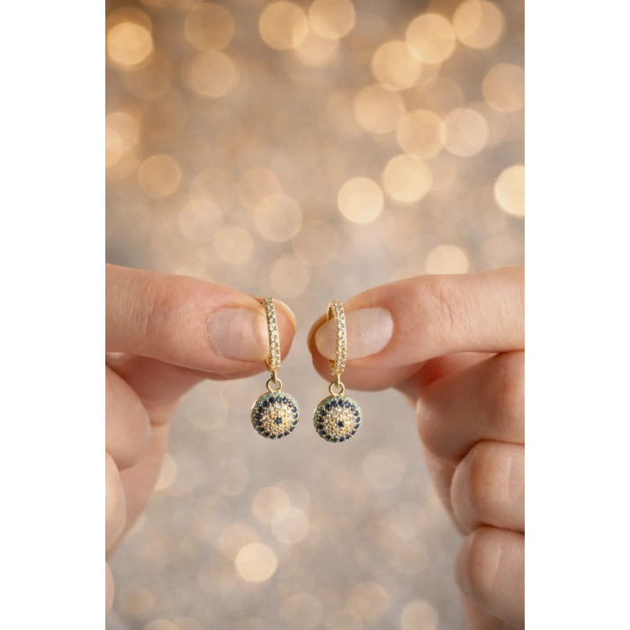 Gold Nazar Boncuk Detaylı Taşlı Halka Küpe