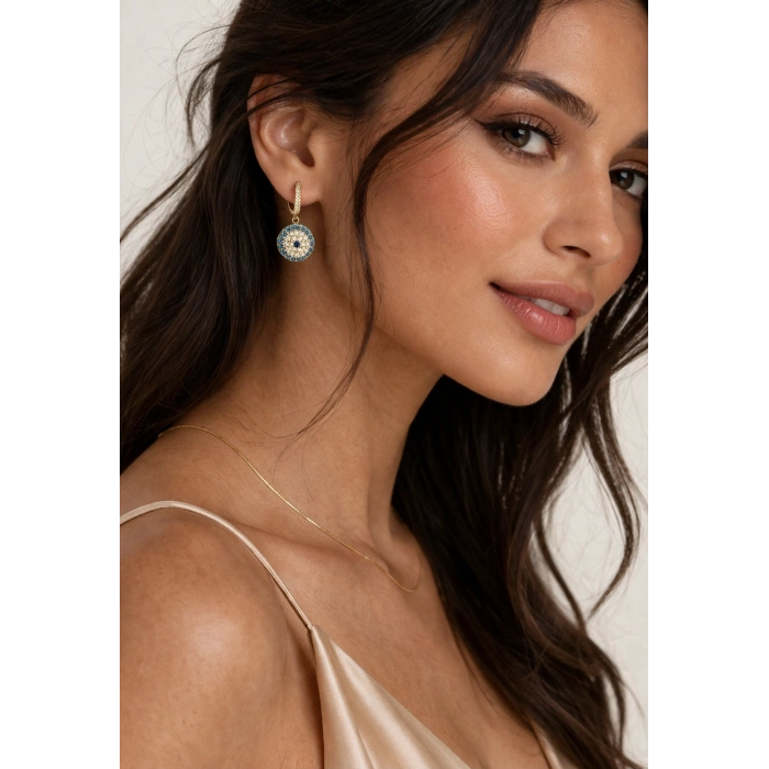 Gold Nazar Boncuk Detaylı Taşlı Halka Küpe