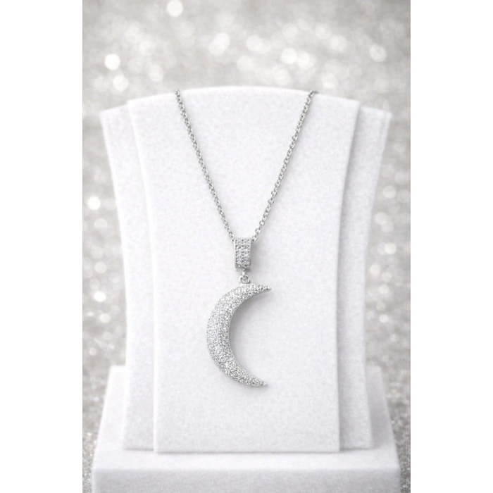 Zirkon Taşlı Ay Figürlü Gümüş Kolye