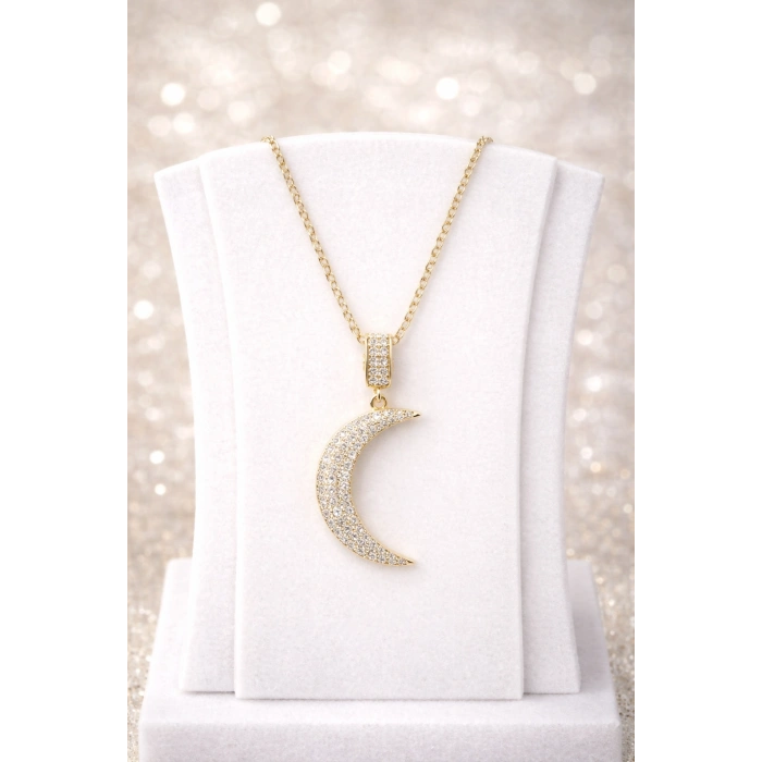 Zirkon Taşlı Ay Figürlü Gold Kolye