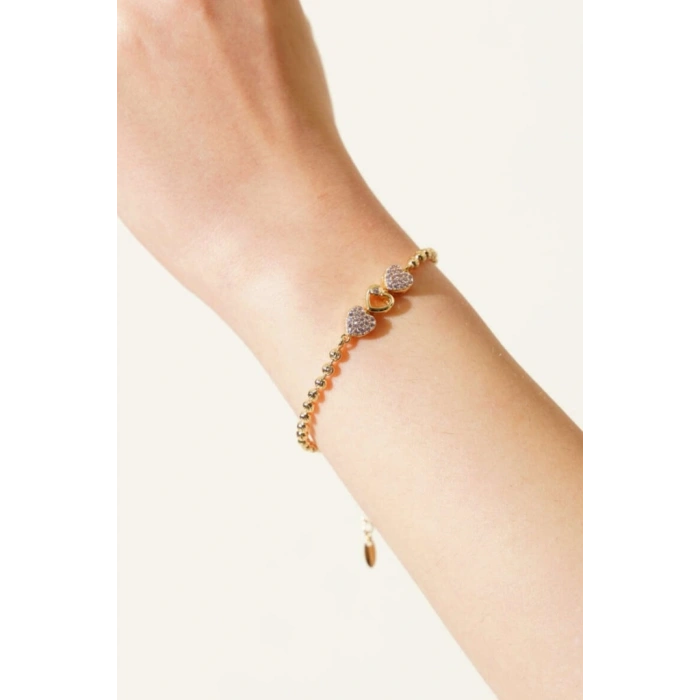 Xuping Pembe Taşlı Kalp Detay Dorika Zincir Gold Renkli Bileklik