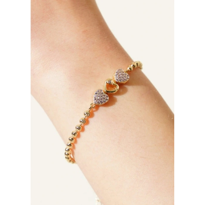 Xuping Pembe Taşlı Kalp Detay Dorika Zincir Gold Renkli Bileklik