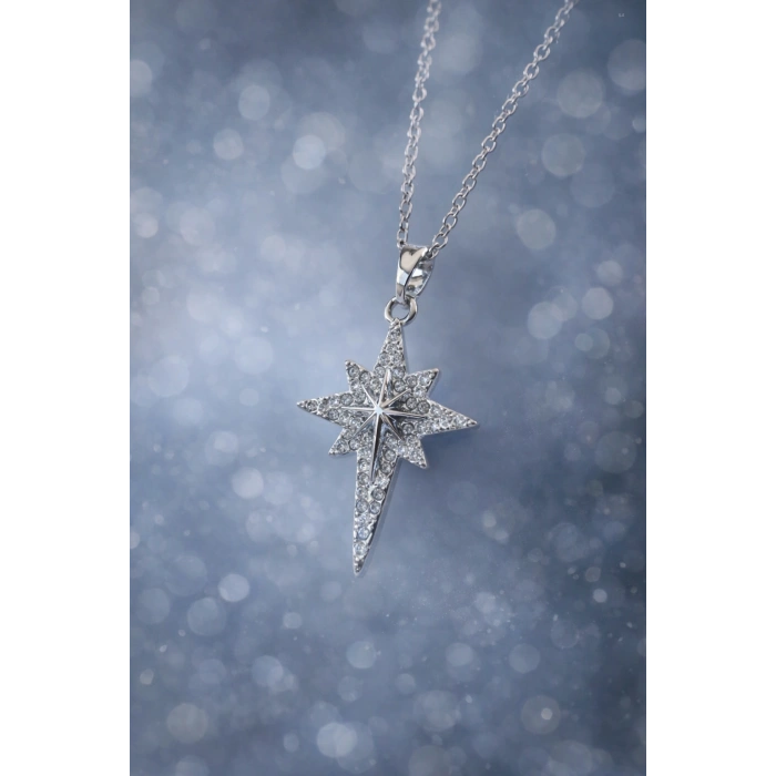 Yıldız Detaylı Gümüş Renkli Taşlı Çelik Kolye