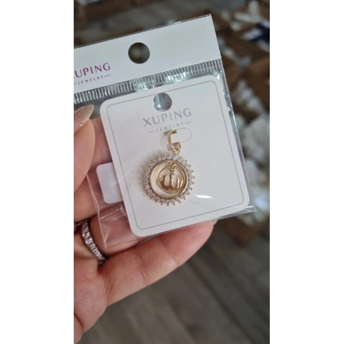 Xuping Taşlı Allah Yazılı Yuvarlak Kolye Ucu 14K Gold