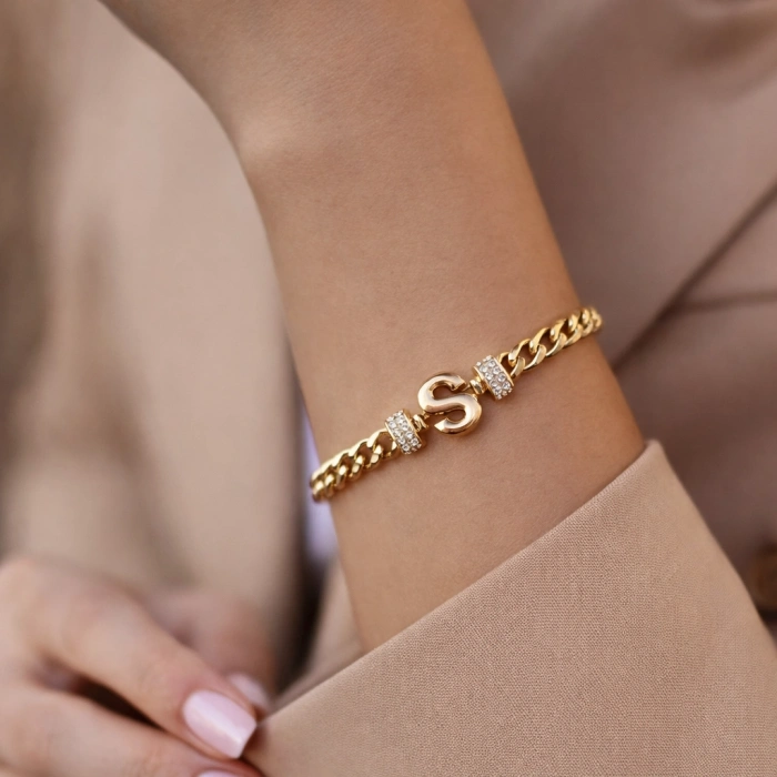 S Harfli Zincir Bileklik 14K Altın Kaplama