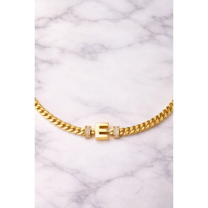 E Harfli Zincir Bileklik 14K Altın Kaplama