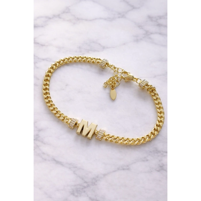 M Harfli Zincir Bileklik 14K Altın Kaplama
