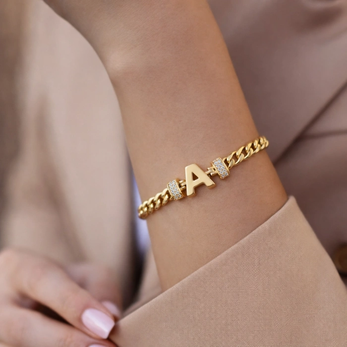 A Harfli Zincir Bileklik 14K Altın Kaplama