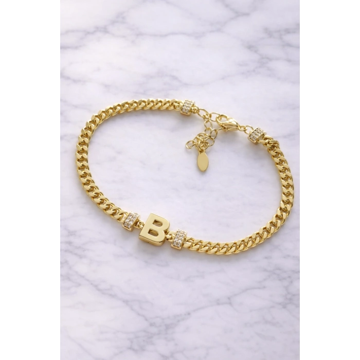 B Harfli Zincir Bileklik 14K Altın Kaplama