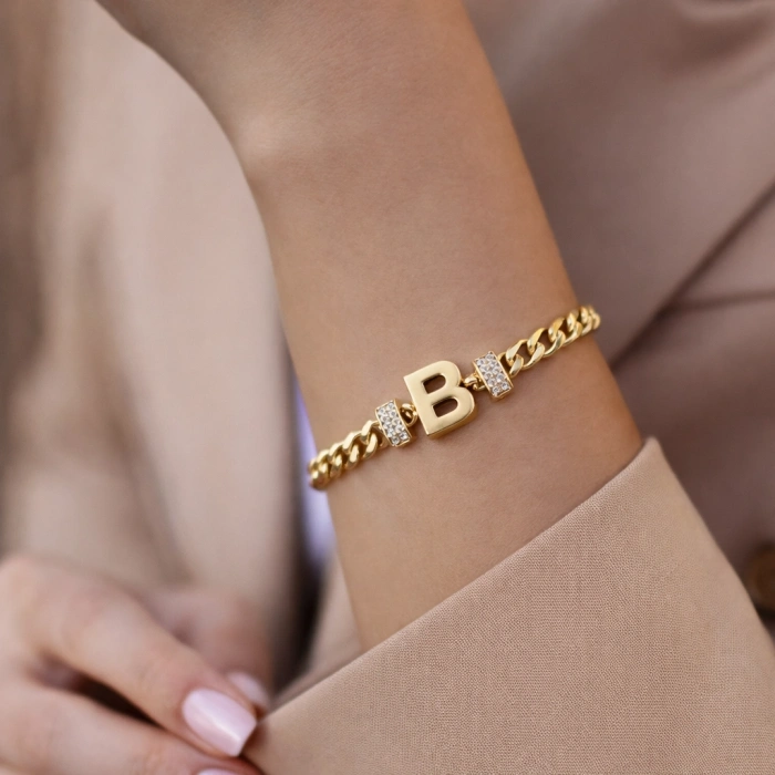 B Harfli Zincir Bileklik 14K Altın Kaplama