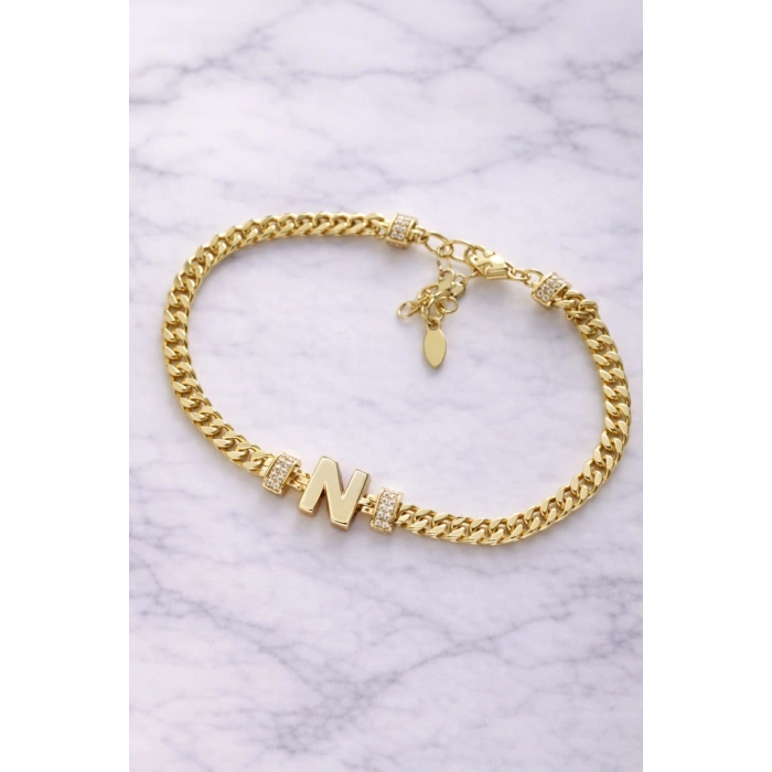 N Harfli Zincir Bileklik 14K Altın Kaplama