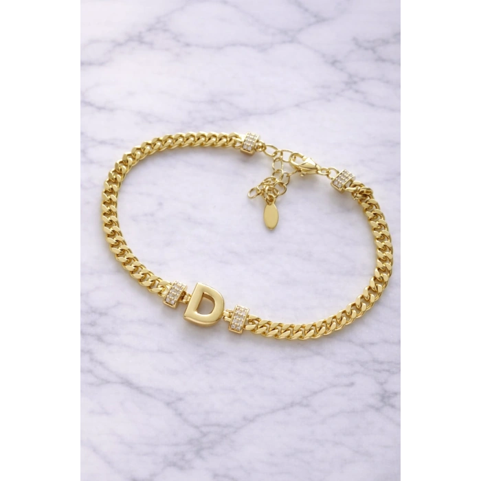 D Harfli Zincir Bileklik 14K Altın Kaplama