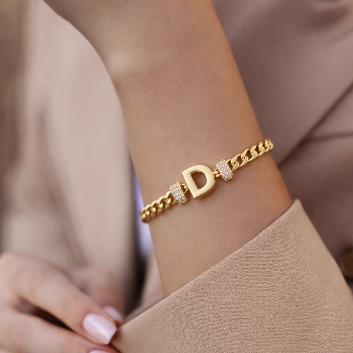 D Harfli Zincir Bileklik 14K Altın Kaplama