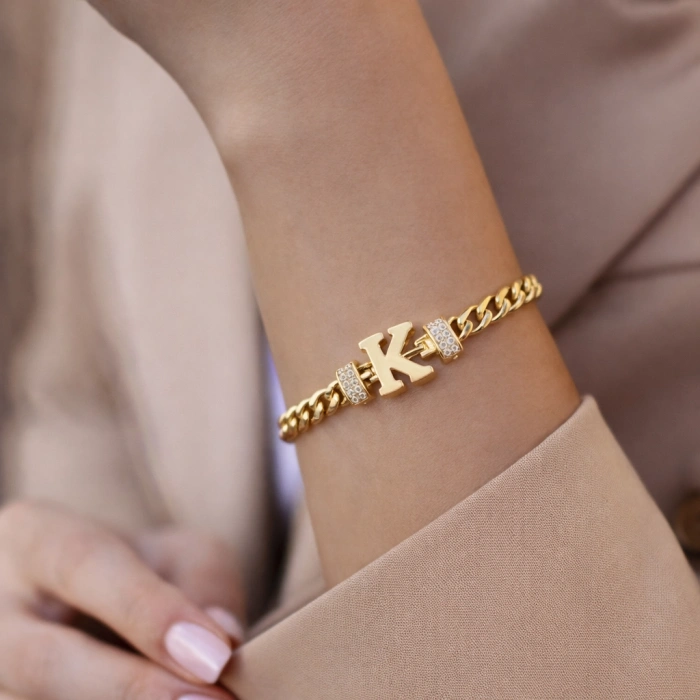 K Harfli Zincir Bileklik 14K Altın Kaplama