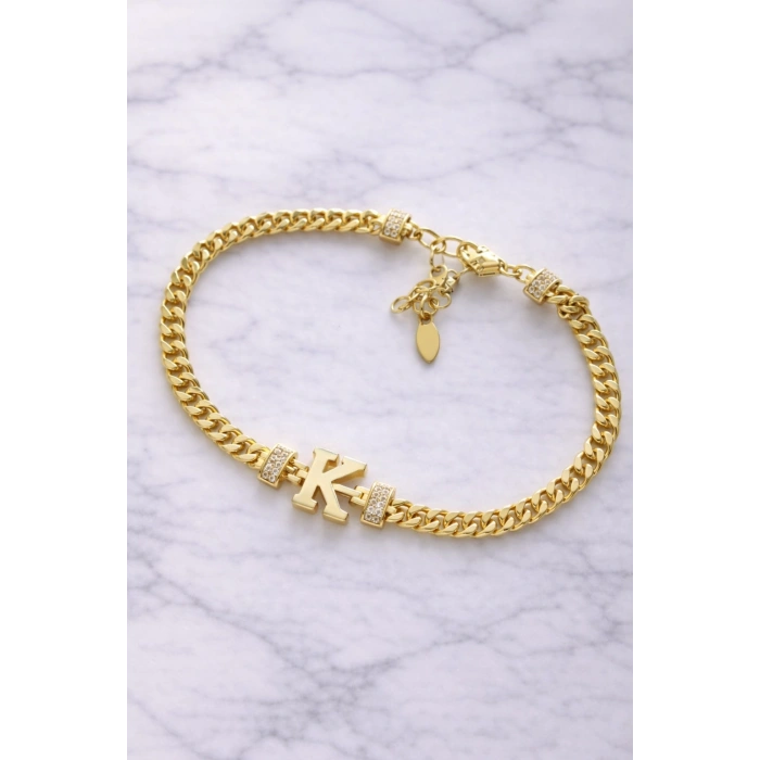 K Harfli Zincir Bileklik 14K Altın Kaplama