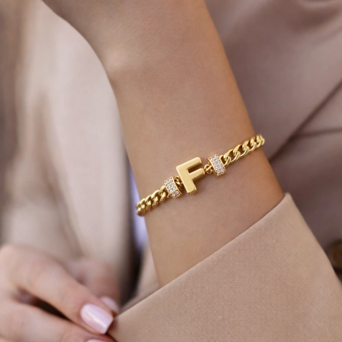F Harfli Zincir Bileklik 14K Altın Kaplama