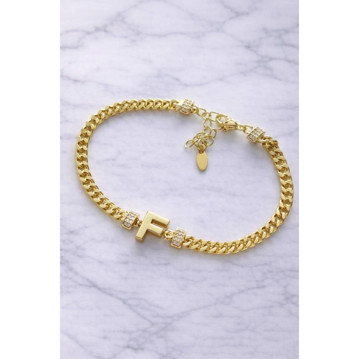 F Harfli Zincir Bileklik 14K Altın Kaplama