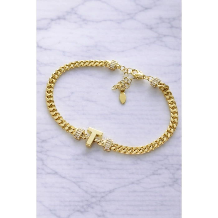 T Harfli Zincir Bileklik 14K Altın Kaplama