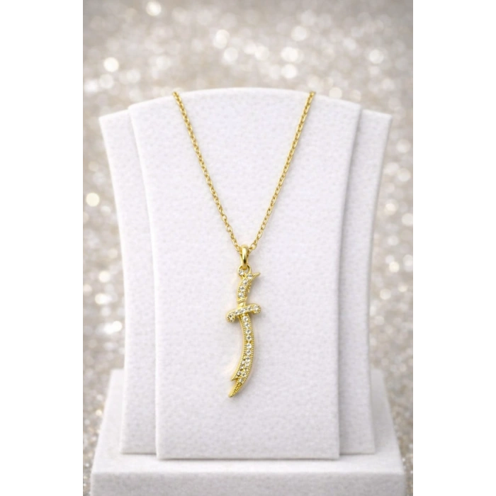 Gold Renk Kılıç Figürlü Taşlı Kolye Çelik