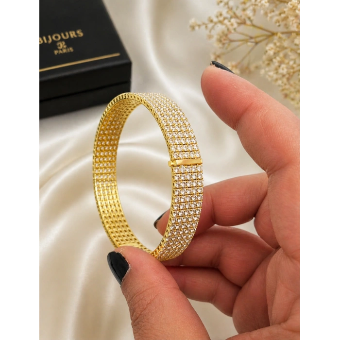 Zirkon Taşlı 5 Sıra Gold Renk Çelik Bileklik