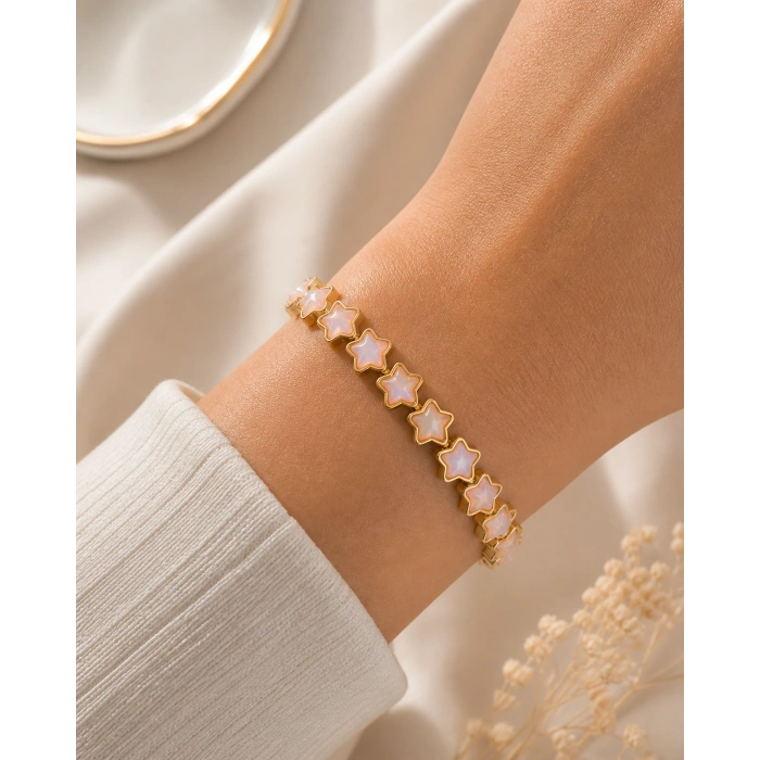 Gold Yıldız Taşlı Lastikli Bileklik Opal Pembe