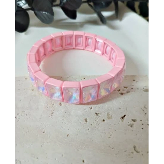Pudra Pembe İrisli Taşlı Lastikli Esnek Bileklik