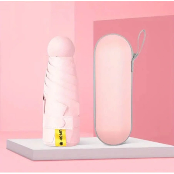 Pembe Renk Özel Kılıflı Kapsül Şemsiye Mini Boy UPF50+