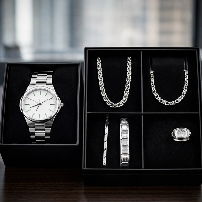 Erkek Takı 6lı Gümüş Renkli Set Sürpriz Paket