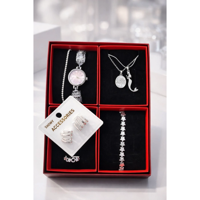 Takı Seti 7li Gümüş Renkli Lüks Sürpriz Paket