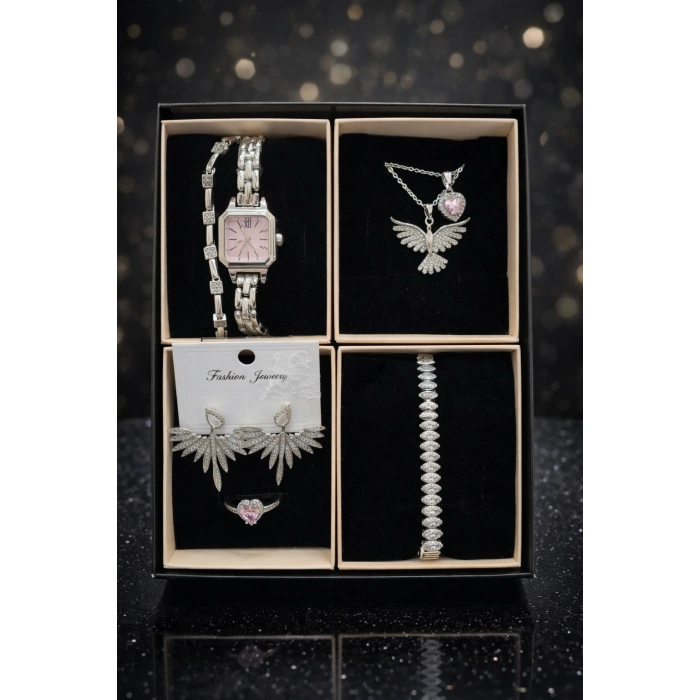 Takı Seti 7li Gümüş Renkli Lüks Sürpriz Paket