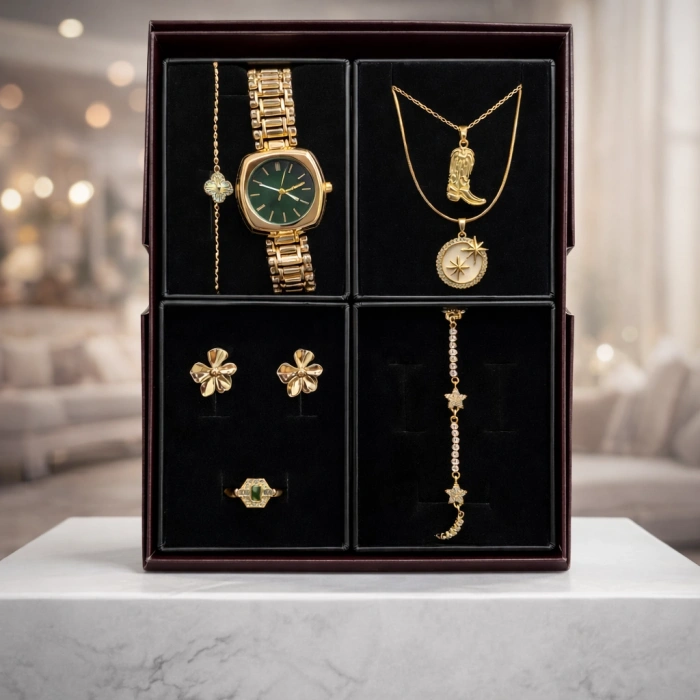 Takı Seti Gold Renkli 7li Sürpriz Lüks Paket