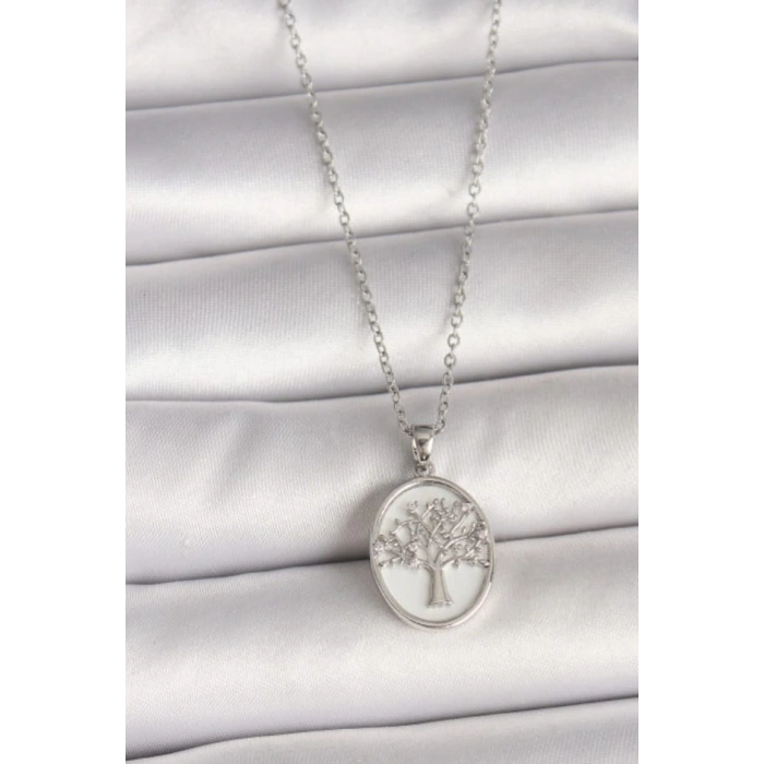 Çelik Gümüş Renkli Hayat Ağacı Kolye
