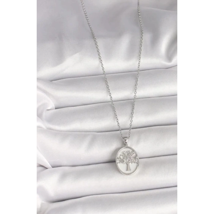 Çelik Gümüş Renkli Hayat Ağacı Kolye