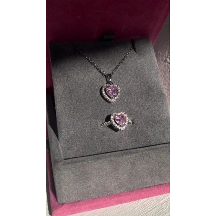 Çelik Gümüş Renkli Kalp Detaylı Kolye & Yüzük 2’li Set