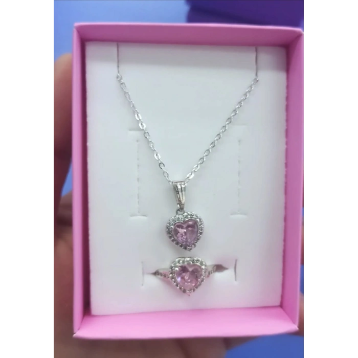 Çelik Gümüş Renkli Kalp Detaylı Kolye & Yüzük 2’li Set