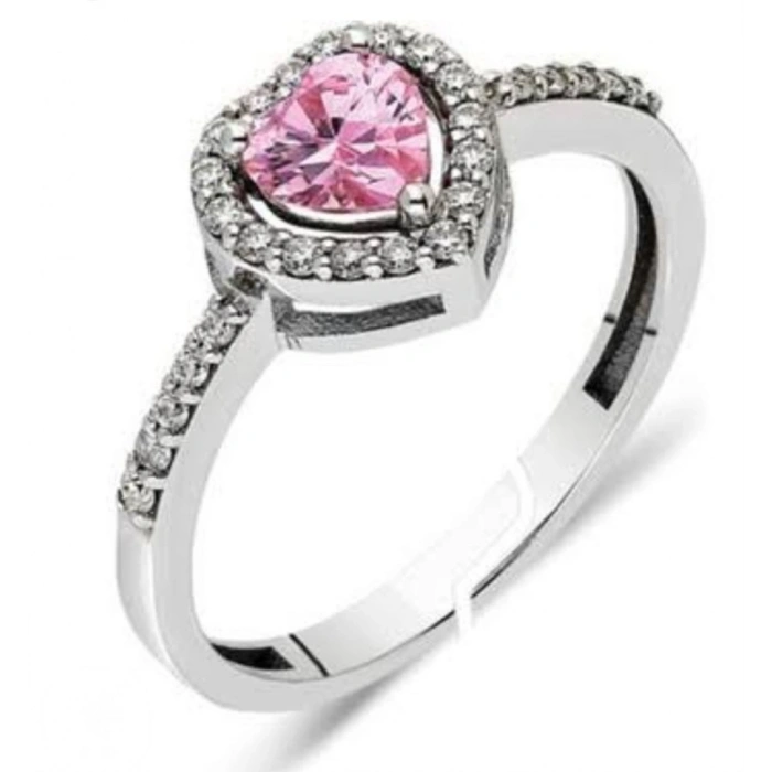 Çelik Gümüş Renkli Kalp Detaylı Taşlı Yüzük