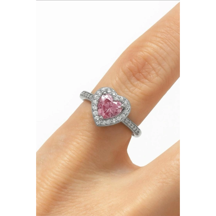 Çelik Gümüş Renkli Kalp Detaylı Taşlı Yüzük