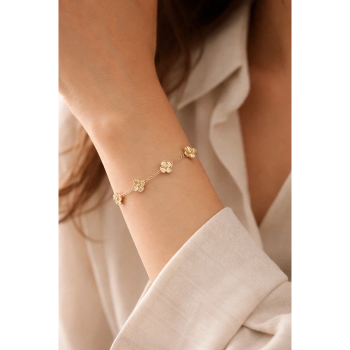 Gold Renkli 14K Kaplama Yonca Model VNCLF Bileklik