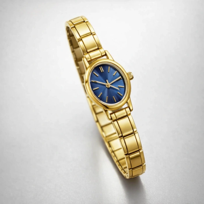 Gold Renkli Çelik Esnek Kadın Saat ( İçi Lacivert)