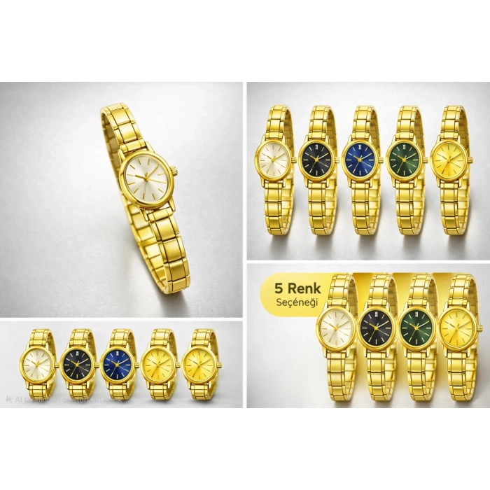 Gold Renkli Çelik Esnek Kadın Saat (İçi Sarı)