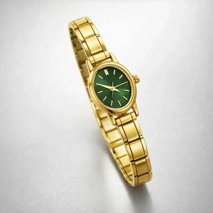 Gold Renkli Çelik Esnek Kadın Saat ( İçi Yeşil)