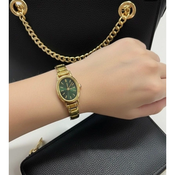 Gold Renkli Çelik Esnek Kadın Saat ( İçi Yeşil)